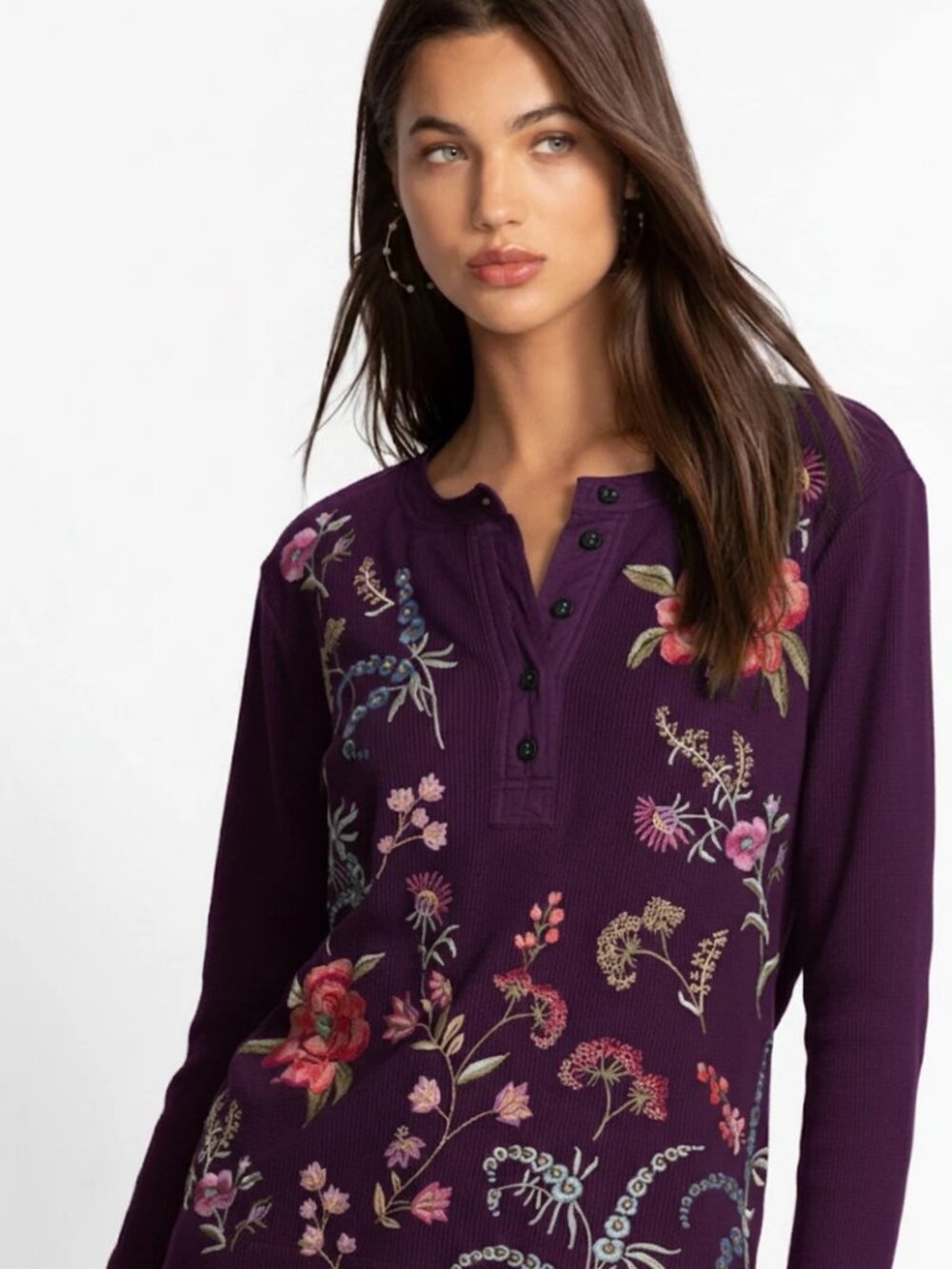 NEW JOHNNY WAS Henley Embroidered Top, Purple, Size XL